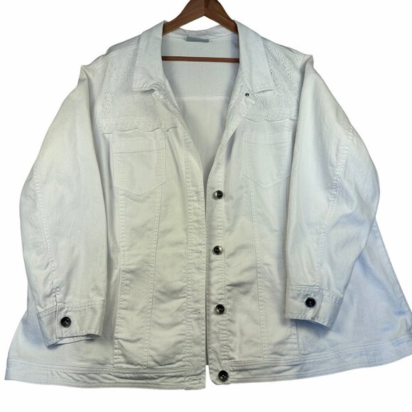 Catherines White Denim Jacket Eyelet Lace Long Sleeves Sz 3X Boho Cottagecore - Picture 1 of 13